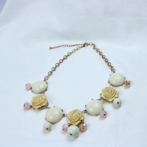 Vintage Floral Statement Necklace | Cream Rose & Gold-Tone Chain - Picture 1 of 6